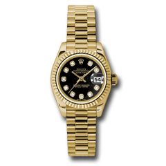 Đồng hồ Rolex Yellow Gold Lady-Datejust Fluted Bezel Black Diamond Dial President Bracelet 179178 bkdp 26mm