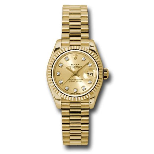 Đồng hồ Rolex Yellow Gold Lady-Datejust Fluted Bezel Champagne Diamond Dial President Bracelet 179178 chdp 26mm