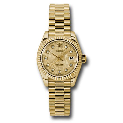 Đồng hồ Rolex Yellow Gold Lady-Datejust Fluted Bezel Champagne Jubilee Diamond Dial President Bracelet 179178 chjdp 26mm