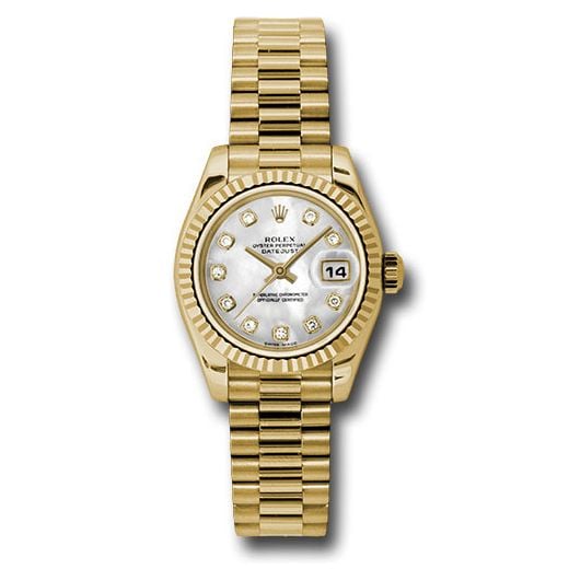 Đồng hồ Rolex Yellow Gold Lady-Datejust Fluted Bezel Mother-Of-Pearl Diamond Dial President Bracelet 179178 mdp 26mm