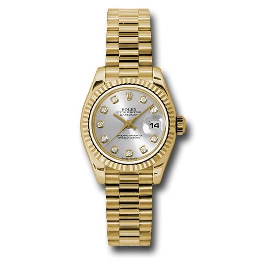Đồng hồ Rolex Yellow Gold Lady-Datejust Fluted Bezel Silver Diamond Dial President Bracelet 179178 sdp 26mm