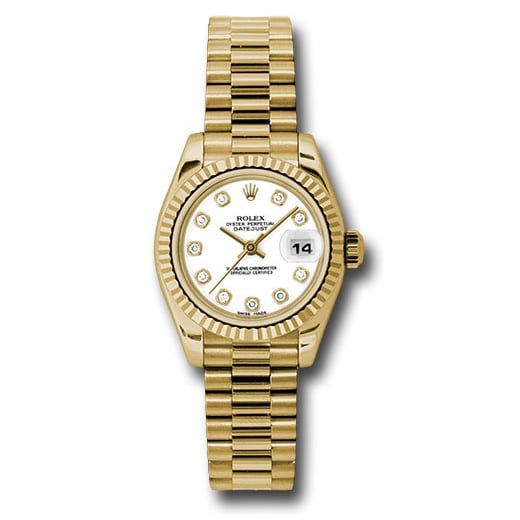 Đồng hồ Rolex Yellow Gold Lady-Datejust Fluted Bezel White Diamond Dial President Bracelet 179178 wdp 26mm