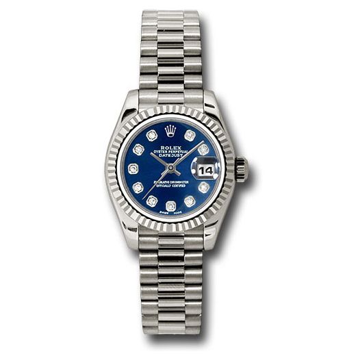 Đồng hồ Rolex White Gold Lady-Datejust Fluted Bezel Blue Diamond Dial President Bracelet 179179 bdp 26mm