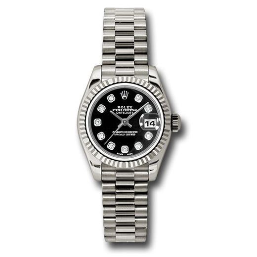 Đồng hồ Rolex White Gold Lady-Datejust Fluted Bezel Black Diamond Dial President Bracelet 179179 bkdp 26mm