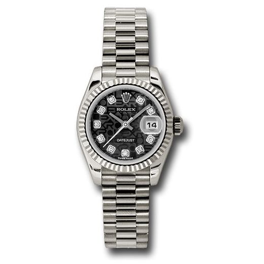 Đồng hồ Rolex White Gold Lady-Datejust Fluted Bezel Black Jubilee Diamond Dial President Bracelet 179179 bkjdp 26mm