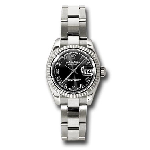 Đồng hồ Rolex White Gold Lady-Datejust Fluted Bezel Black Roman Dial Oyster Bracelet 179179 bkro 26mm