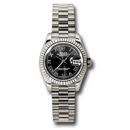 Đồng hồ Rolex White Gold Lady-Datejust Fluted Bezel Black Roman Dial President Bracelet 179179 bkrp 26mm
