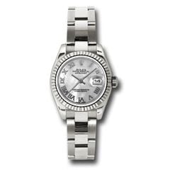 Đồng hồ Rolex White Gold Lady-Datejust Fluted Bezel Mother-Of-Pearl Roman Dial Oyster Bracelet 179179 mro 26mm