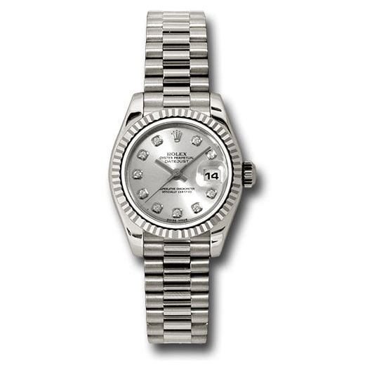 Đồng hồ Rolex White Gold Lady-Datejust Fluted Bezel Silver Diamond Dial President Bracelet 179179 sdp 26mm