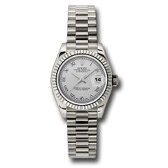 Đồng hồ Rolex White Gold Lady-Datejust Fluted Bezel Silver Roman Dial President Bracelet 179179 srp 26mm
