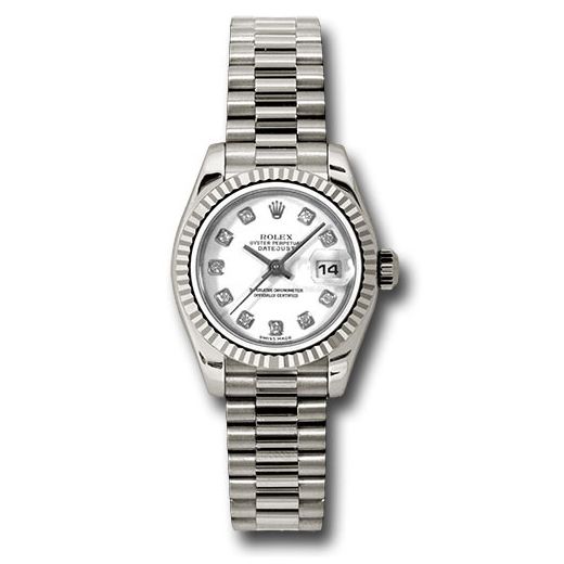 Đồng hồ Rolex White Gold Lady-Datejust Fluted Bezel White Diamond Dial President Bracelet 179179 wdp 26mm