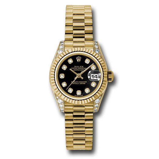 Đồng hồ Rolex Yellow Gold Lady-Datejust Fluted Bezel Black Diamond Dial President Bracelet 179238 bkdp 26mm