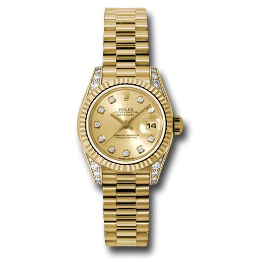 Đồng hồ Rolex Yellow Gold Lady-Datejust Fluted Bezel Champagne Diamond Dial President Bracelet 179238 chdp 26mm