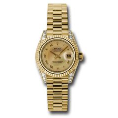 Đồng hồ Rolex Yellow Gold Lady-Datejust Fluted Bezel Champagne Decorated Mother-Of-Pearl Roman Dial President Bracelet 179238 chmdrp 26mm