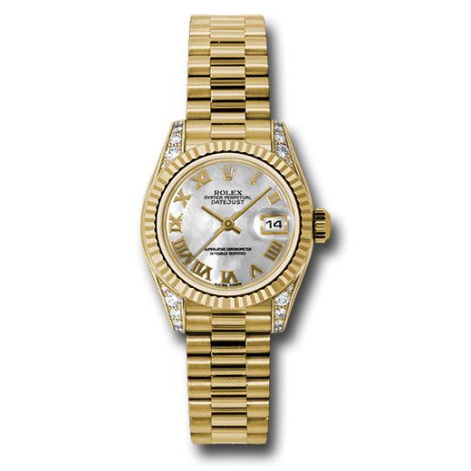 Đồng hồ Rolex Yellow Gold Lady-Datejust Fluted Bezel Mother-Of-Pearl Roman Dial President Bracelet 179238 mrp 26mm