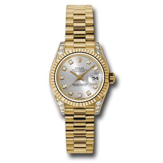 Đồng hồ Rolex Yellow Gold Lady-Datejust Fluted Bezel Silver Diamond Dial President Bracelet 179238 sdp 26mm