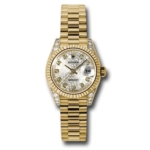 Đồng hồ Rolex Yellow Gold Lady-Datejust Fluted Bezel Silver Jubilee Diamond Dial President Bracelet 179238 sjdp 26mm