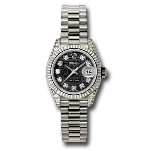 Đồng hồ Rolex White Gold Lady-Datejust Fluted Bezel Black Jubilee Diamond Dial President Bracelet 179239 bkjdp 26mm