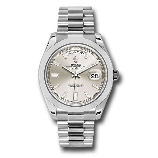 Đồng hồ Rolex 950 Platinum Day-Date Smooth Bezel Silver Baguette Diamond Dial President Bracelet 228206 sbdp 40mm