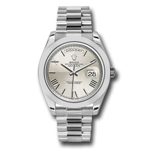 Đồng hồ Rolex 950 Platinum Day-Date Smooth Bezel Silver Quadrant Motif Bevelled Roman Dial President Bracelet 228206 sqmrp 40mm