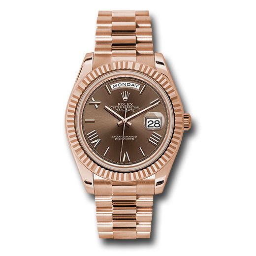 Đồng hồ Rolex Everose Gold Day-Date Fluted Bezel Chocolate Bevelled Roman Dial President Bracelet 228235 chorp 40mm