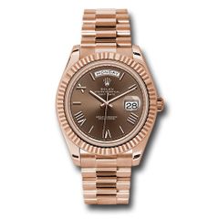 Đồng hồ Rolex Everose Gold Day-Date Fluted Bezel Chocolate Bevelled Roman Dial President Bracelet 228235 chorp 40mm