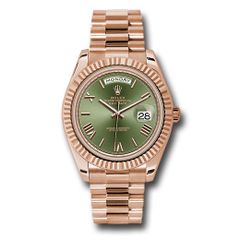Đồng hồ Rolex Everose Gold Day-Date Fluted Bezel Olive Green Bevelled Roman Dial President Bracelet 228235 ogrp 40mm