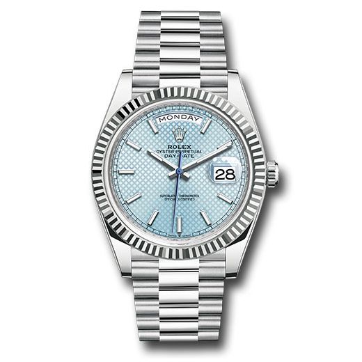 Đồng hồ Rolex Platinum Day-Date Fluted Bezel Ice Blue Diagonal Motif Index Dial President Bracelet 228236 ibdmip 40mm