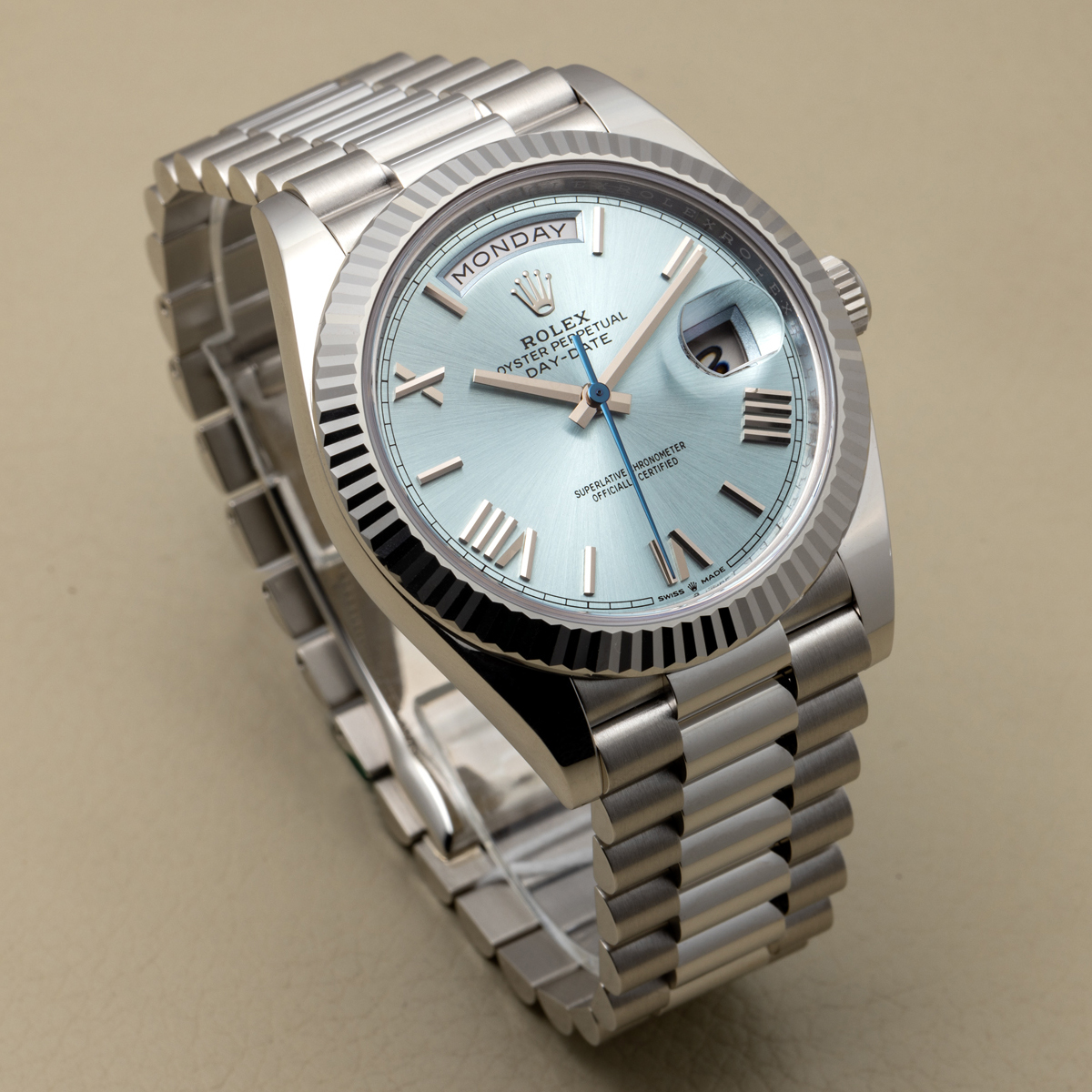 Rolex Platinum Day-Date Flute Ice Blue Roman Dial President