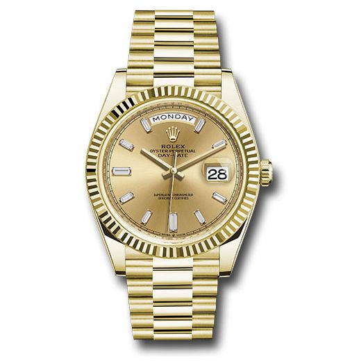 Đồng hồ Rolex Yellow Gold Day-Date Fluted Bezel Champagne Baguette Diamond Dial President Bracelet 228238 chbdp 40mm