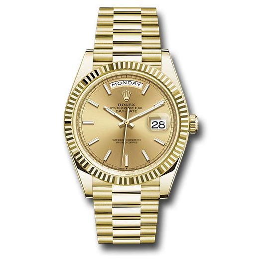 Đồng hồ Rolex Yellow Gold Day-Date Fluted Bezel Champagne Index Dial President Bracelet 228238 chip 40mm