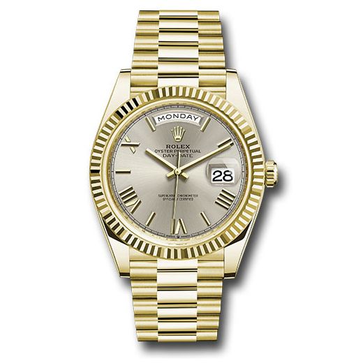 Đồng hồ Rolex Yellow Gold Day-Date Fluted Bezel Silver Bevelled Roman Dial President Bracelet 228238 srp 40mm