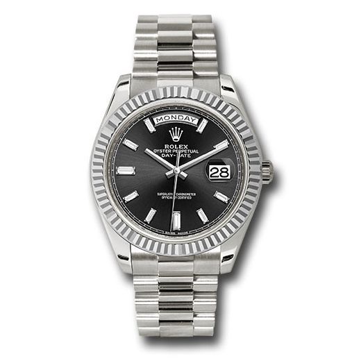 Đồng hồ Rolex White Gold Day-Date Fluted Bezel Black Baguette Diamond Dial President Bracelet 228239 bkbdp 40mm