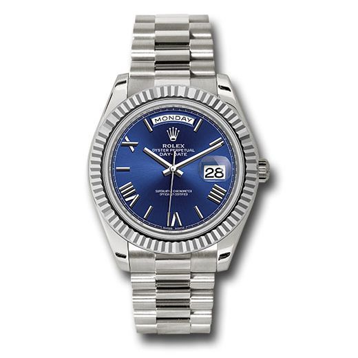 Đồng hồ Rolex White Gold Day-Date Fluted Bezel Blue Bevelled Roman Dial President Bracelet 228239 blrp 40mm