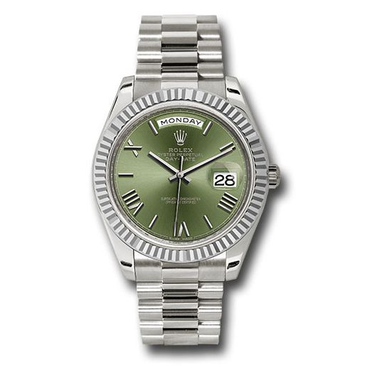 Đồng hồ Rolex White Gold Day-Date Fluted Bezel Olive Green Bevelled Roman Dial President Bracelet 228239 ogrp 40mm