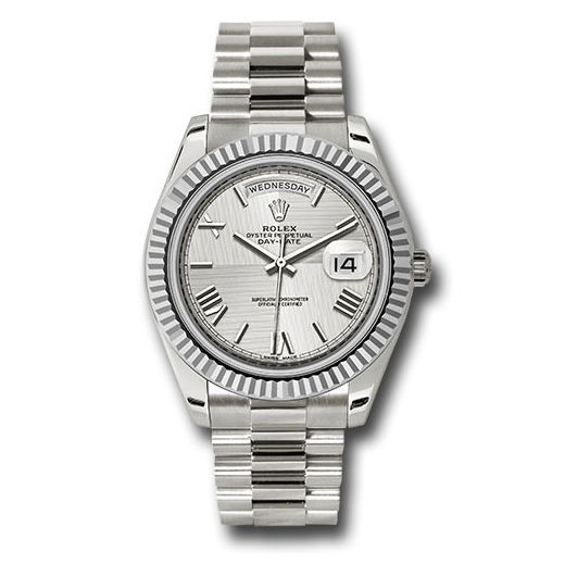 Đồng hồ Rolex White Gold Day-Date Fluted Bezel Silver Quadrant Motif Bevelled Roman Dial President Bracelet 228239 sqmrp 40mm
