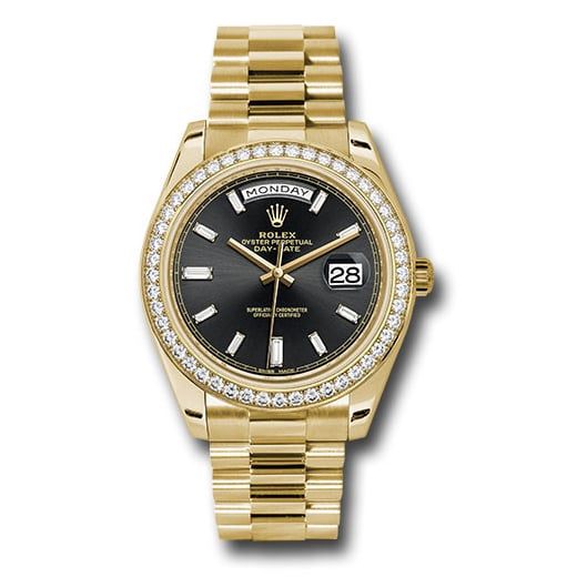 Đồng hồ Rolex Yellow Gold Day-Date Diamond Bezel Black Baguette Diamond Dial President Bracelet 228348RBR bkbdp 40mm