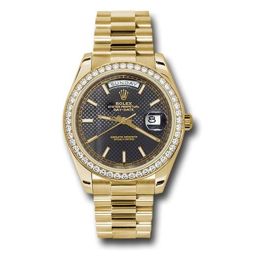Đồng hồ Rolex Yellow Gold Day-Date Diamond Bezel Black Diagonal Motif Index Dial President Bracelet 228348RBR bkdmip 40mm