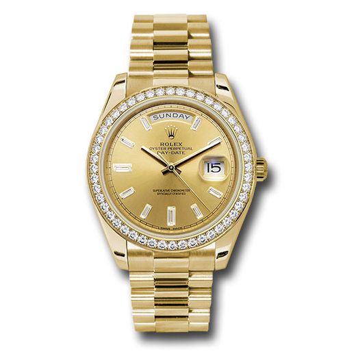 Đồng hồ Rolex Yellow Gold Day-Date Diamond Bezel Champagne Baguette Diamond Dial President Bracelet 228348RBR chbdp 40mm
