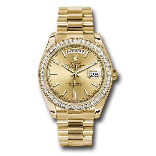 Đồng hồ Rolex Yellow Gold Day-Date Diamond Bezel Champagne Index Dial President Bracelet 228348RBR chip 40mm