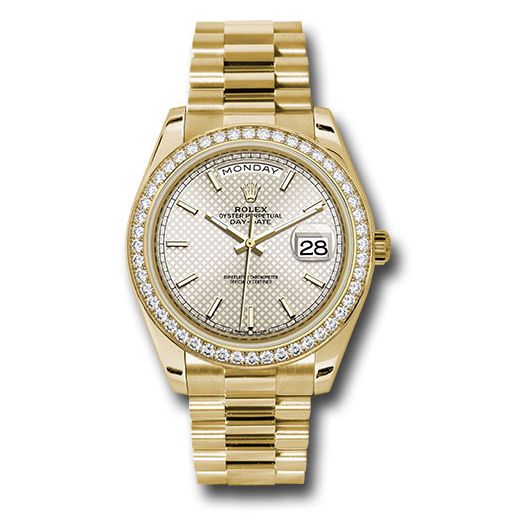 Đồng hồ Rolex Yellow Gold Day-Date Diamond Bezel Silver Diagonal Motif Index Dial President Bracelet 228348RBR sdmip 40mm