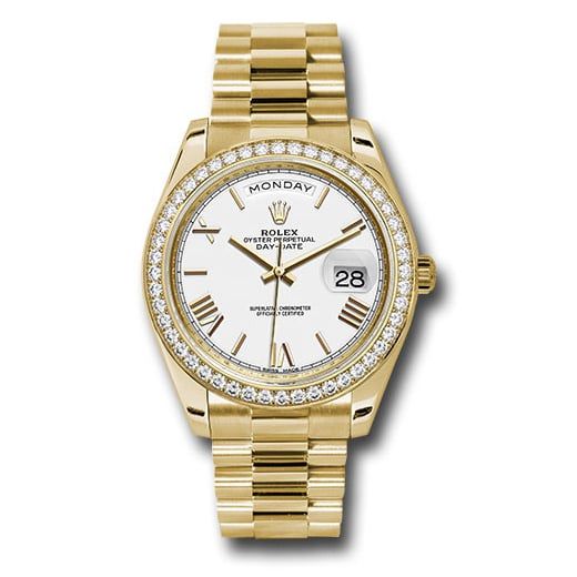 Đồng hồ Rolex Yellow Gold Day-Date Diamond Bezel White Bevelled Roman Dial President Bracelet 228348RBR wrp 40mm
