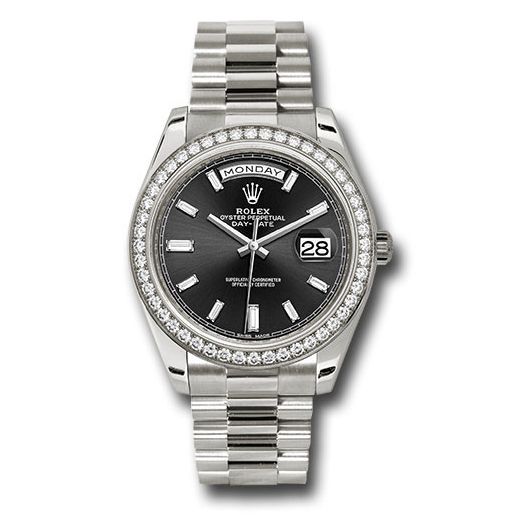 Đồng hồ Rolex White Gold Day-Date Diamond Bezel Black Baguette Diamond Dial President Bracelet 228349RBR bkbdp 40mm