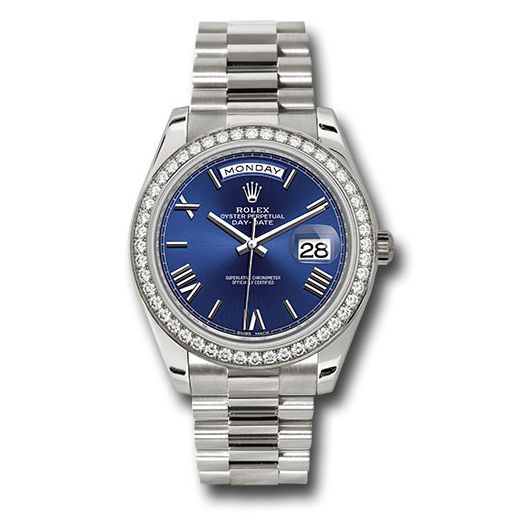 Đồng hồ Rolex White Gold Day-Date Diamond Bezel Blue Bevelled Roman Dial President Bracelet 228349RBR blrp 40mm