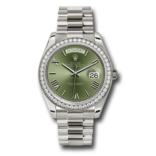 Đồng hồ Rolex White Gold Day-Date Diamond Bezel Olive Green Bevelled Roman Dial President Bracelet 228349RBR ogrp 40mm