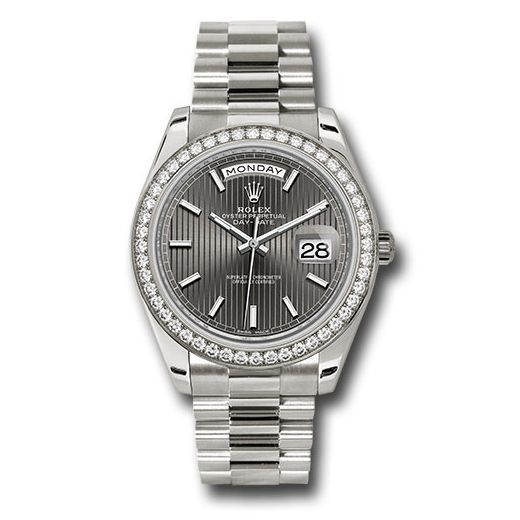 Đồng hồ Rolex White Gold Day-Date Diamond Bezel Dark Rhodium Stripe Motif Index Dial President Bracelet 228349RBR rsmip 40mm