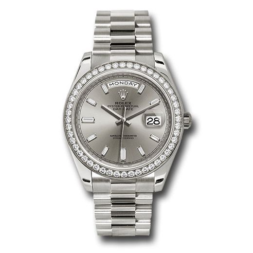 Đồng hồ Rolex White Gold Day-Date Diamond Bezel Silver Baguette Diamond Dial President Bracelet 228349RBR sbdp 40mm