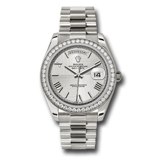 Đồng hồ Rolex White Gold Day-Date Diamond Bezel Silver Quadrant Motif Bevelled Roman Dial President Bracelet 228349RBR sqmrp 40mm