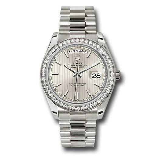 Đồng hồ Rolex White Gold Day-Date Diamond Bezel Silver Stripe Motif Index Dial President Bracelet 228349RBR ssmip 40mm