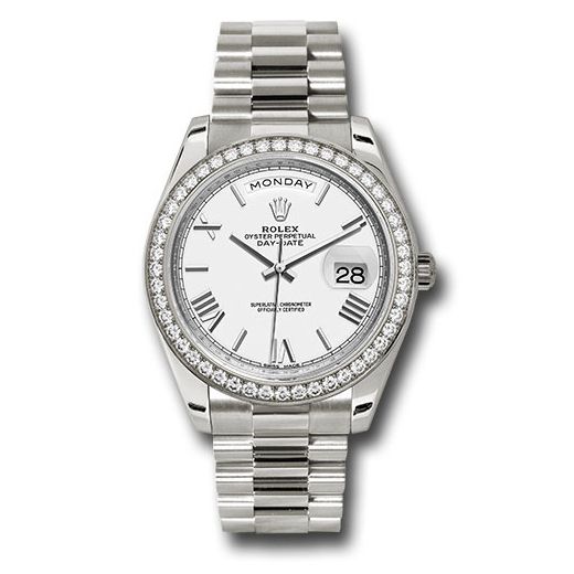 Đồng hồ Rolex White Gold Day-Date Diamond Bezel White Bevelled Roman Dial President Bracelet 228349RBR wrp 40mm